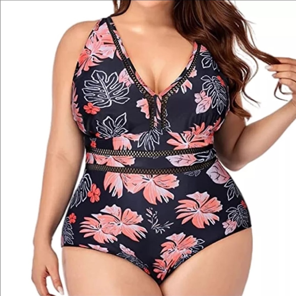 Plus size vintage floral woman swim suit top quality bathing suit v-neck over